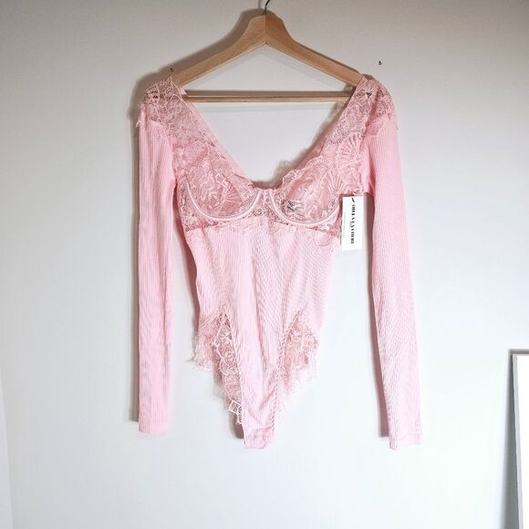 NWT Oh La La CheriRibbed Knit and Eyelash Lace Teddy Lingerie Bodysuit Size S - Picture 2 of 8